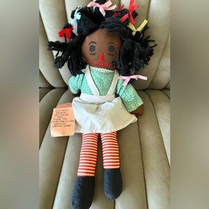 Handmade Vtg Gambima creole Rag Doll with Floral Dress & Striped Legs 16 in.,